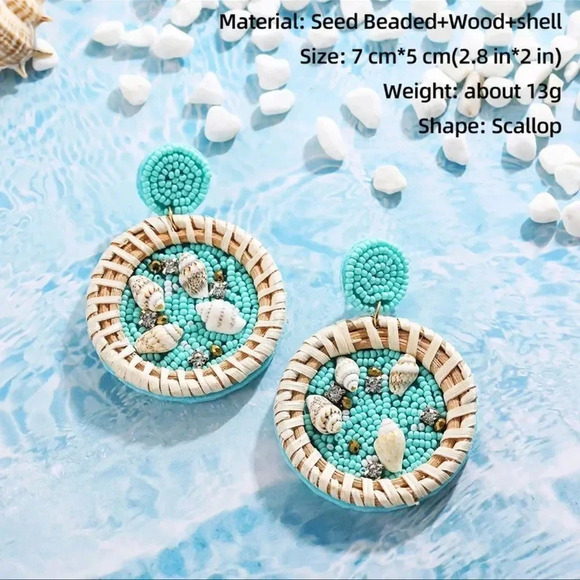 Anthropologie Beach Circle Seashell Rattan Earrings Brand New - Picture 7 of 10